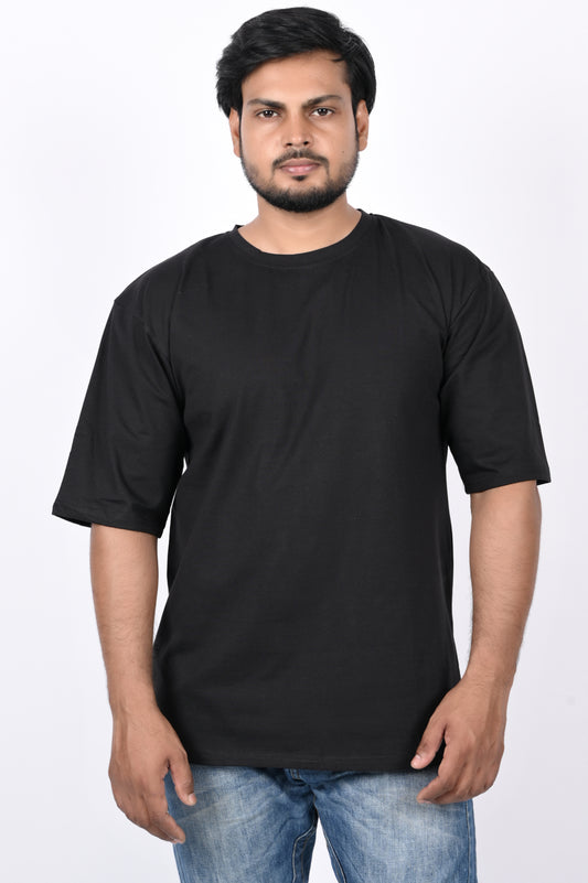 Black Half Sleeve Oversized Tshirt for Men, Round Neck Cotton Lycra Drop Shoulder Solid T-Shirt