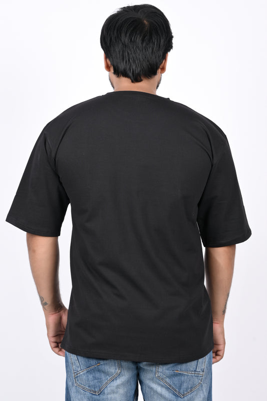 Black Half Sleeve Oversized Tshirt for Men, Round Neck Cotton Lycra Drop Shoulder Solid T-Shirt