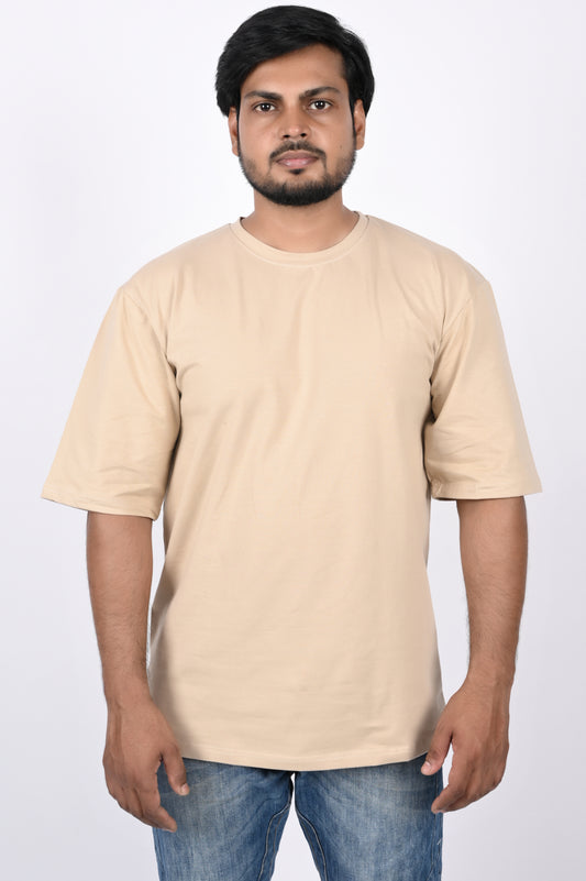 Beige Men Loose Fit Oversized Drop Shoulder Baggy & Funky Hip Hop Plain Round Neck Casual Solid Beige Oversized T Shirts Solid