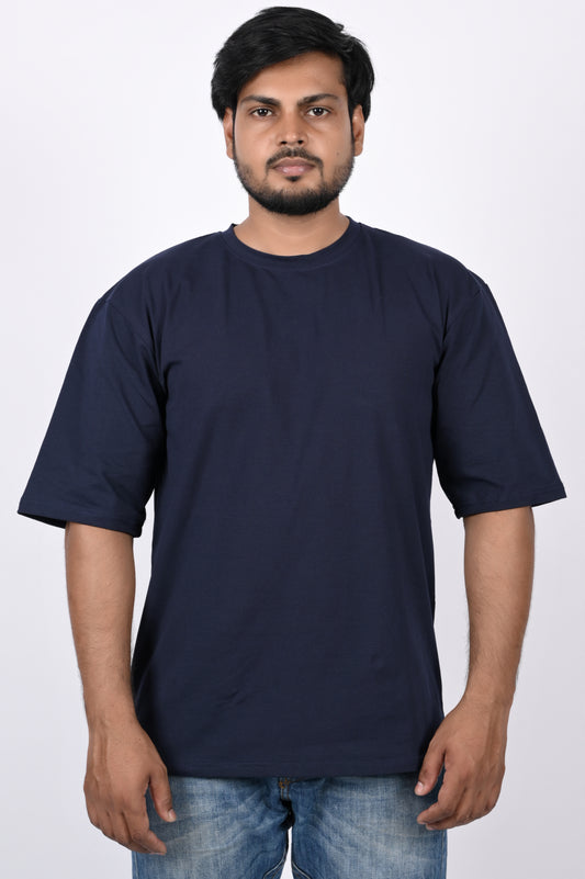 Navy Blue Men Short Sleeve with Round Neck, Oversized Longline Drop Shoulder | Navy Blue Color Men Oversized T-Shirts