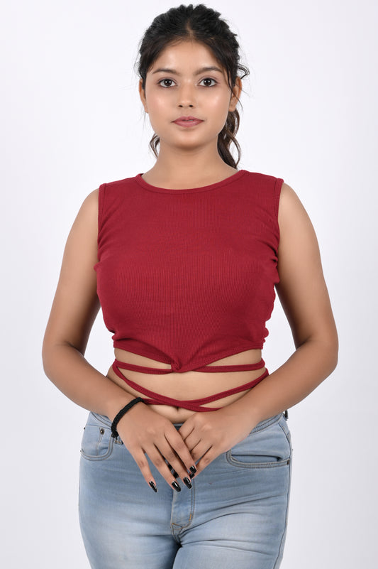 Positive Red  Ribbed Tie-Ups Ruched Sleeveless Crop Top