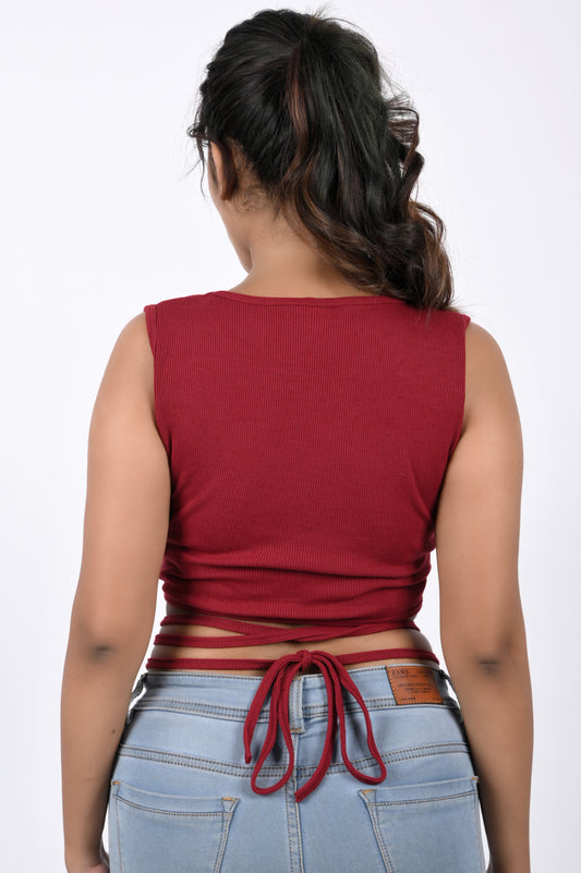 Positive Red  Ribbed Tie-Ups Ruched Sleeveless Crop Top