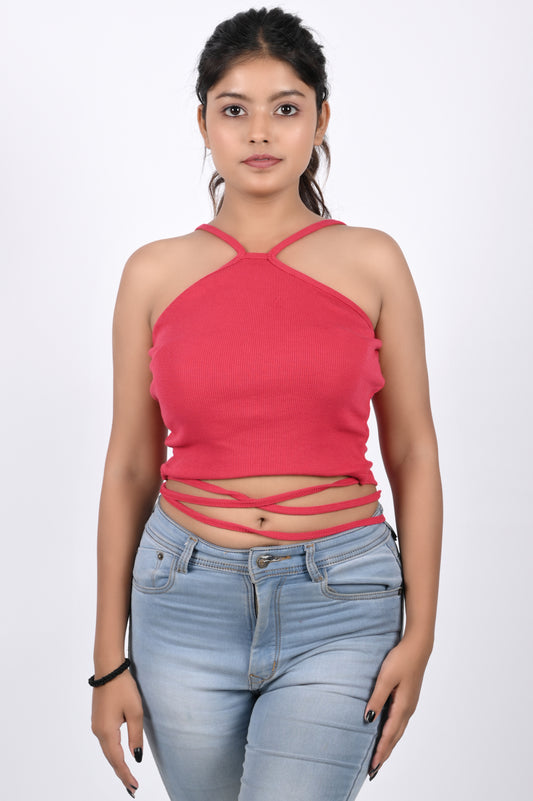 Valentine Red  Women Crop Tank Tops, Halter Tie-Up Cut-Out