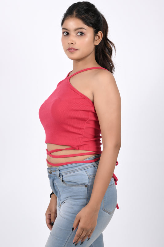 Valentine Red  Women Crop Tank Tops, Halter Tie-Up Cut-Out