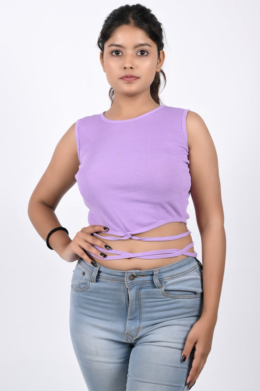 Lavender  Ribbed Tie-Ups Ruched Sleeveless Crop Top For Women