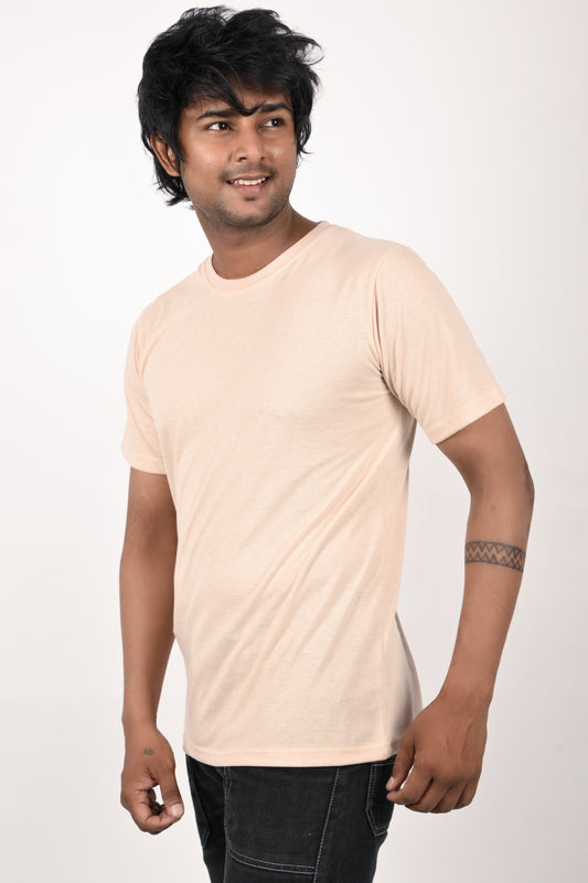 Beige Men Solid Round Neck Beige T-Shirt