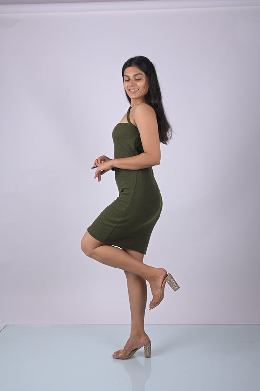 Green Women Solid One Shoulder Bodycon Dress