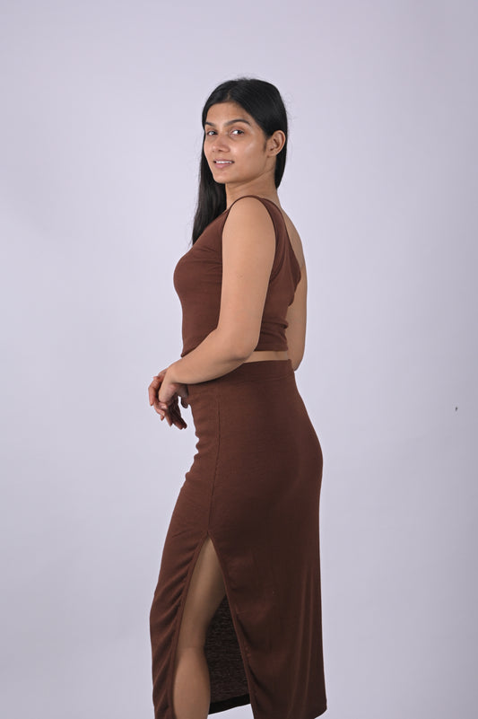 Brown Women Smocked One Shoulder Two-Piece Co-ordinate Dress